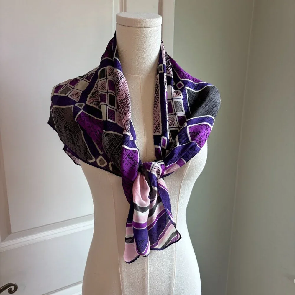 Halston Printed Silk Scarf Hand Rolled Hem Purple Pink Charcoal‎ Abstract
